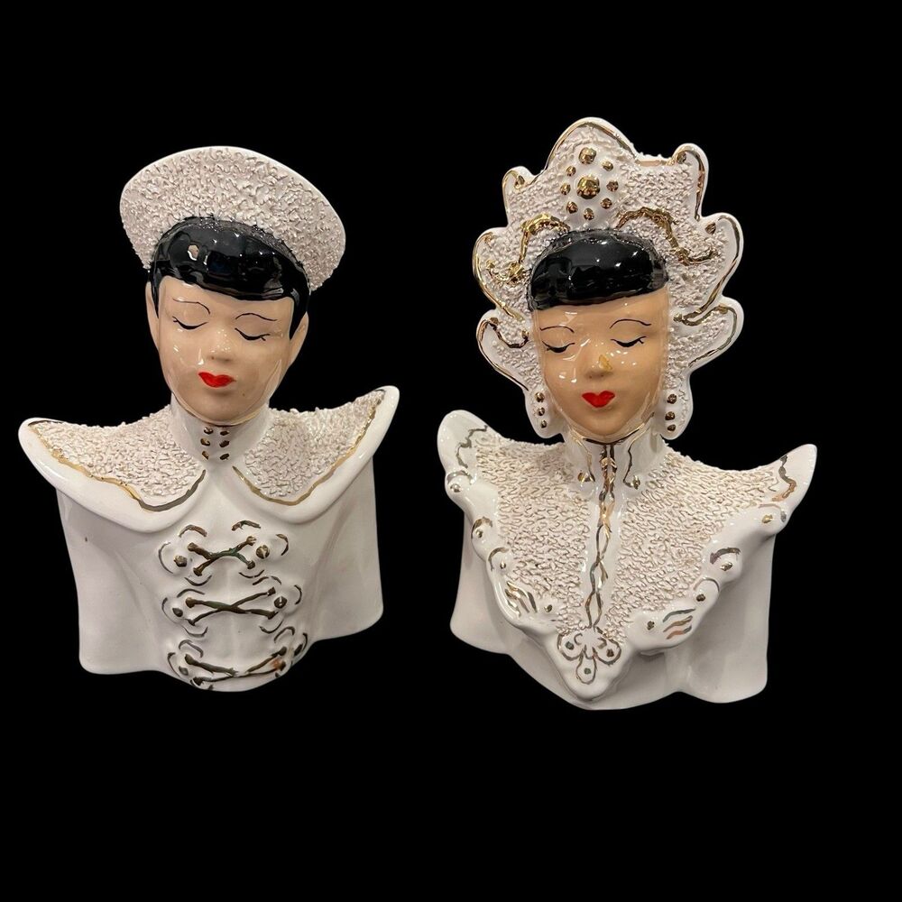 Rare Asian Mid Century Ceramic Textured Bust Figurines Couple 1950s